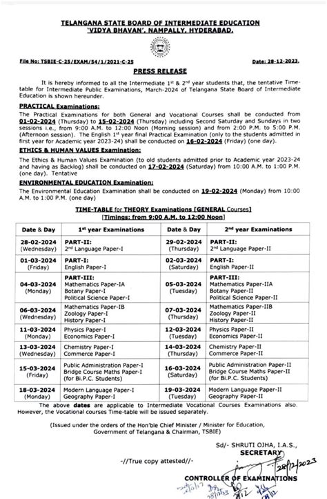 TS Intermediate Exams Schedule Released