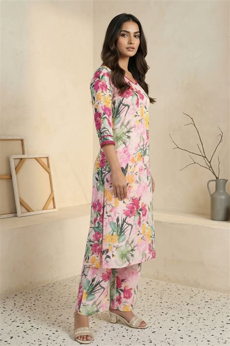 Buy Pink Floral Print Cotton Blend Straight Kurta with Palazzo Co-ord ...