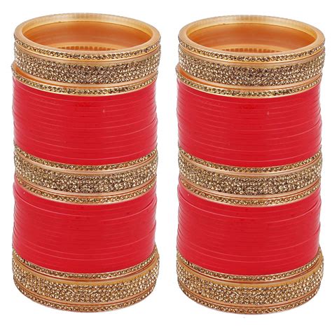 Buy Lucky Jewellery Bridal Bangle Set Red Dulhan Golden & White Stone ...