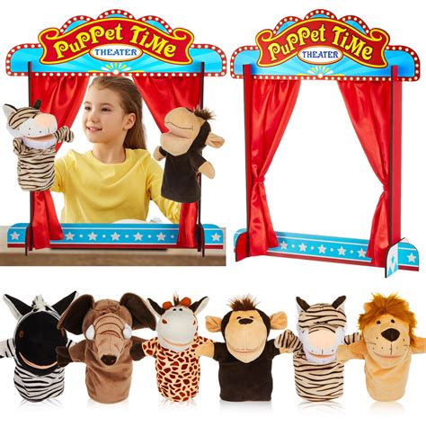 Amazon.com: Seenelling 7 Pcs Wooden Puppet Show Theater for Kids Animal ...