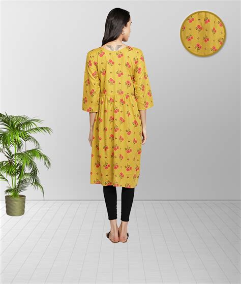 Fabclub Cotton Floral Printed Flared Women Kurti (Yellow) – Fabclub
