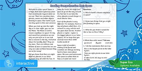 Reading Comprehension Mat: Space (Ages 5 - 6)