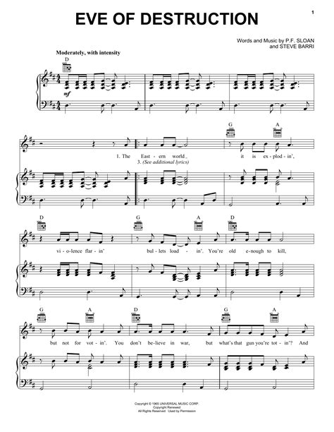 Barry McGuire "Eve Of Destruction" Sheet Music for Guitar Chords/Lyrics ...