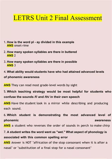 Letrs Unit 2 Final Assessment Questions with 100% Correct Answers ...