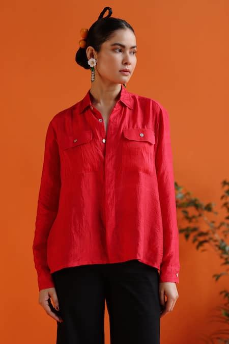 Buy Red Silk Plain Collar Iris Shirt For Women by Label RaMa Online at ...