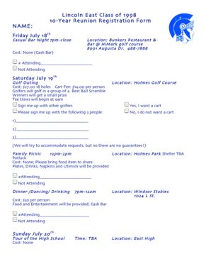Fillable Online Lincoln East Class of 1998 10-Year Reunion Registration ...