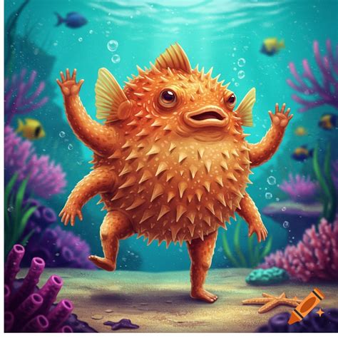 A puffer fish with arms and legs walks on the ocean floor among coral ...
