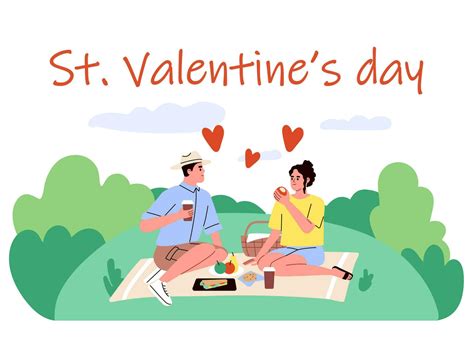 Romantic date on st valentine day. Card. Man and woman on a picnic ...