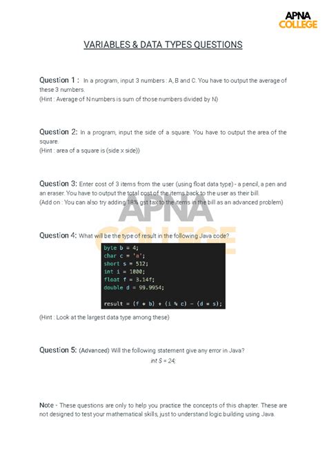 6.17 Variables Data Types Practice Questions for Java Programming - Studocu