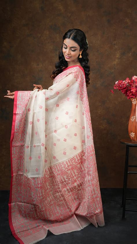 A muslin silk in off white and red