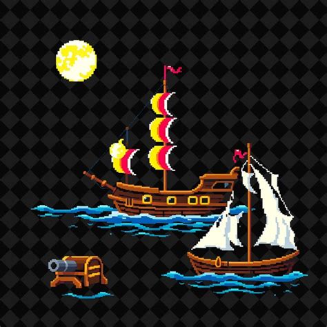 Set with items pirate ship treasure chest cannon tattered sails a ...
