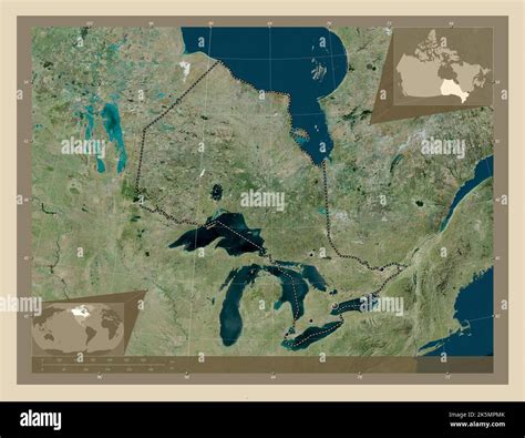 Ontario, province of Canada. High resolution satellite map. Locations of major cities of the ...