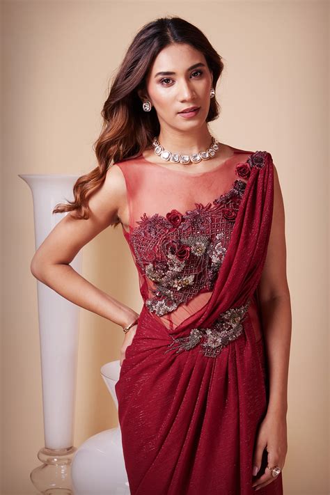 Buy Red Georgette Sequins, Crystals Boat Neck Ruby Metallic Embroidered ...
