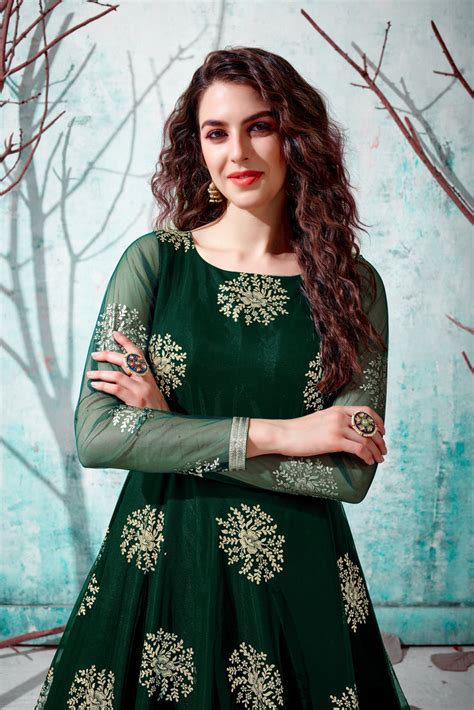 Green Metallic Foil Work Net Party Wear Long Gown