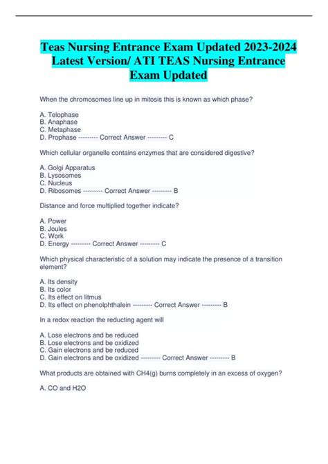 Teas Nursing Entrance Exam Updated Latest Version/ ATI TEAS Nursing ...