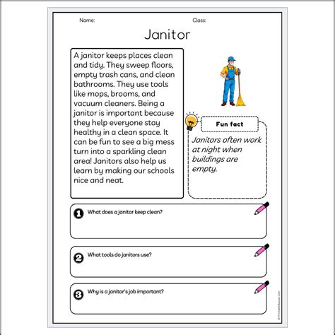 Janitor | Reading Passage Comprehension Questions Writing Facts Worksh ...