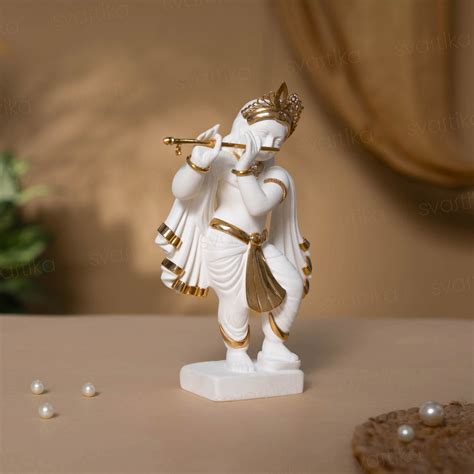 Elegant White & Gold Lord Krishna Idol Playing Flute (8.25 Inch)