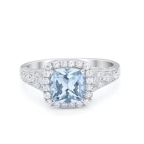 Halo Cushion Bridal Ring Round Aquamarine CZ 925 Sterling Silver Size 7 ...