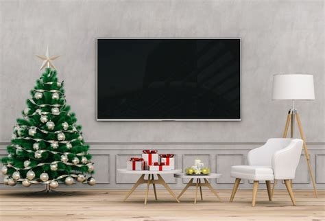 Mock up smart tv. christmas interior living room. 3d render | Premium Photo
