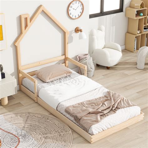 DreamBuck Twin Size Floor Bed with House-Shaped Headboard, Wood House ...