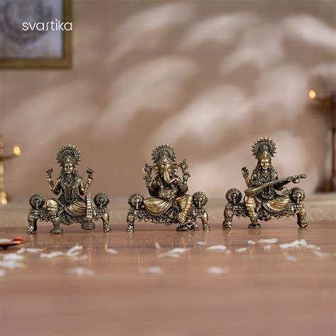 Brass Laxmi Ganesh Saraswati Murti Set (4 Inch)