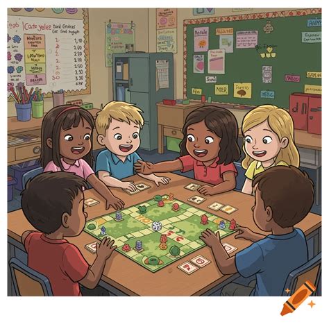 Cartoon illustration of diverse children playing a board game in a ...
