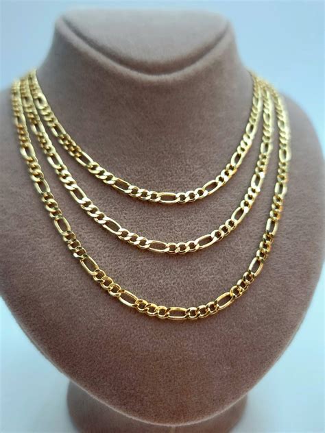 18K Solid Gold Figaro Chain Necklace, Real 18K Gold Figaro Link Chain ...