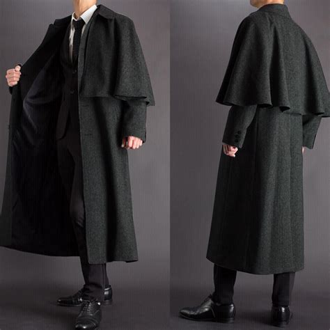 British Wool Blend Men's Long Overcoat with Cape Winter Warm Coat ...