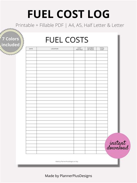 Fuel Cost Tracker Printable, Fuel Expense Tracker, Car Fuel Tracker, Tax Deduction Log, Vehicle ...