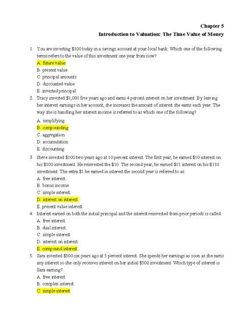 Chapter 5 Multiple choice questions - Chapter 5 Introduction to Valuation: The Time Value of ...