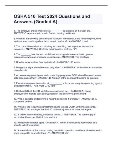 OSHA 510 Test 2024 Questions and Answers (Graded A) - OSHA 510 - Stuvia US