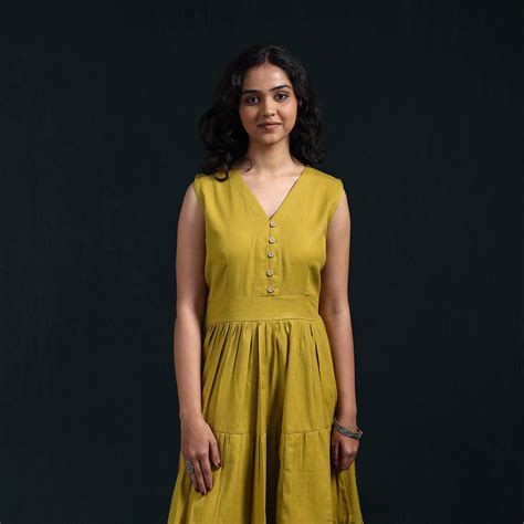 Yellow Flex Cotton Tiered Plain Dress