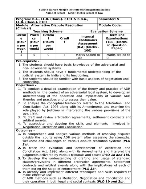 Course Outlines Sem V ADR (Clinical) - Program: B., LL. (Hons.)- 8101 ...