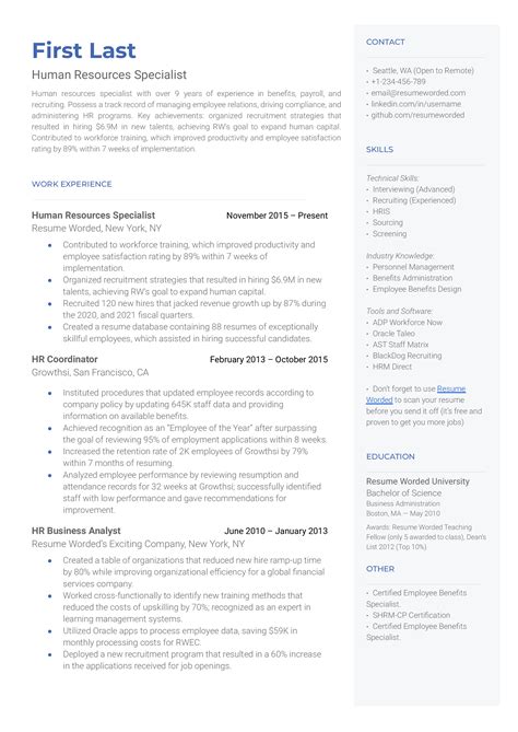 Human Resources Specialist Resume Examples for 2026 | Resume Worded