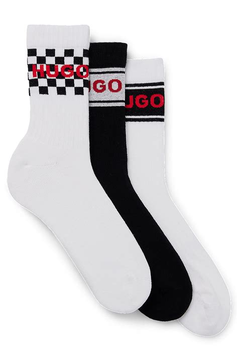 HUGO - Three-pack of short logo socks in a cotton blend - White / Black
