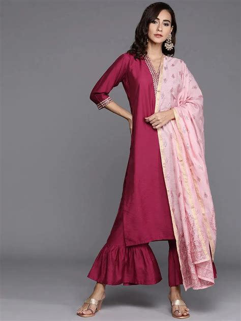 Buy Magenta Solid Chanderi Silk Straight Kurta With Palazzos & Dupatta ...