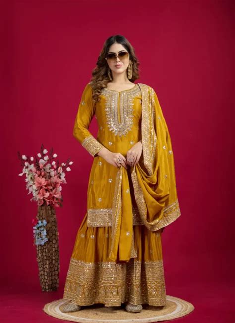 Yellow Chinnon Sharara Suit | Utsarah