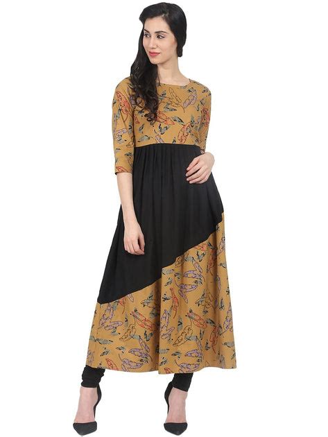 Nayo Mustard and black printed 3/4th sleeve cotton Anarkali kurta ...