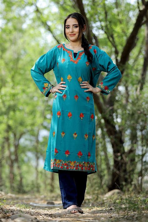 Exotic turquise green colour cotton kurti with kashmiri motifs