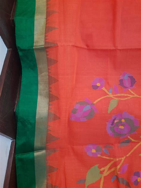 Ponduru Handspun Handwoven Cotton Jamdani Orange with Zari temple bord ...