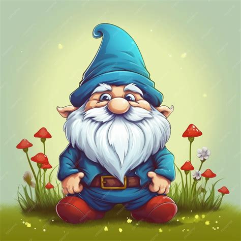 Premium AI Image | Cartoon gnome sitting in the grass with mushrooms ...