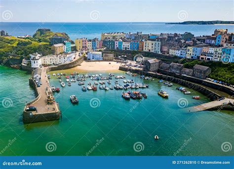 Aerial View of Brightly Colored Buildings Around a Small Harbour (Tenby, Pembrokeshire, Wales ...