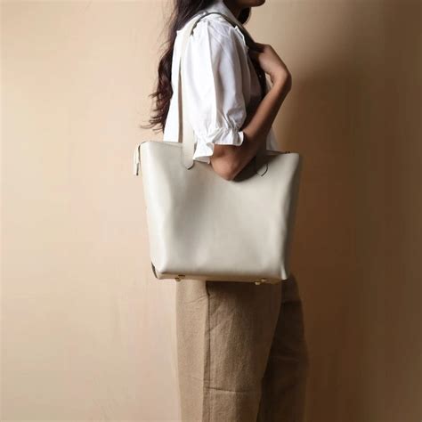 Genuine Leather Work Tote Handbag in White with Zipper. – Bicyclist ...