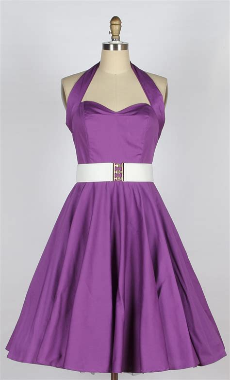 40s 50s Halterneck cotton Swing Dress purple | Purple dress casual ...