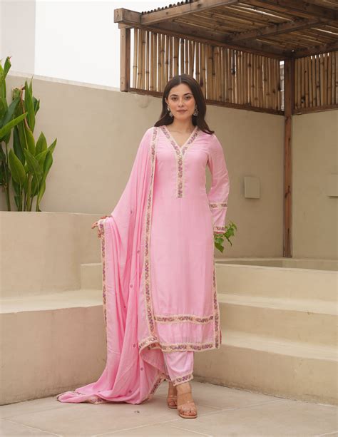 Pink Maslin Embroidered Suit Set – OneWe India