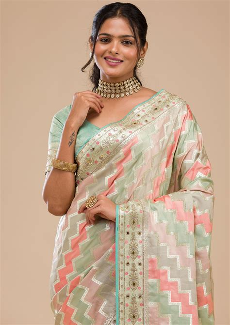 Buy Sea Green Stonework Soft Silk Saree - Koskii