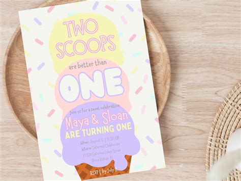 EDITABLE Two Scoops Are Better Than One Twins Birthday Invitation, 1st ...