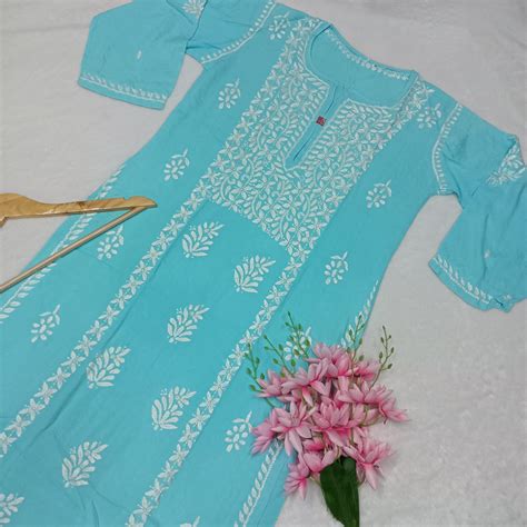 Soft Rayon Heavy Chikankari Panel Work Kurti -Sky Blue Colour – Chikankaar
