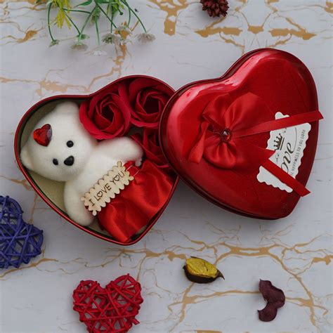 Heart Shaped Valentine Gift Box Set with White Teddy and Red Flowers ...