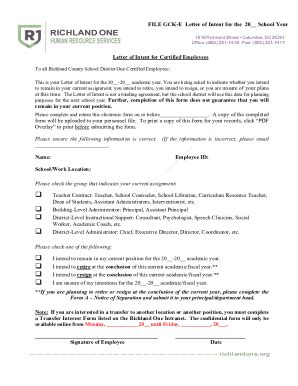 Fillable Online GCK-E Letter of Intent for the 20 School Year Fax Email ...